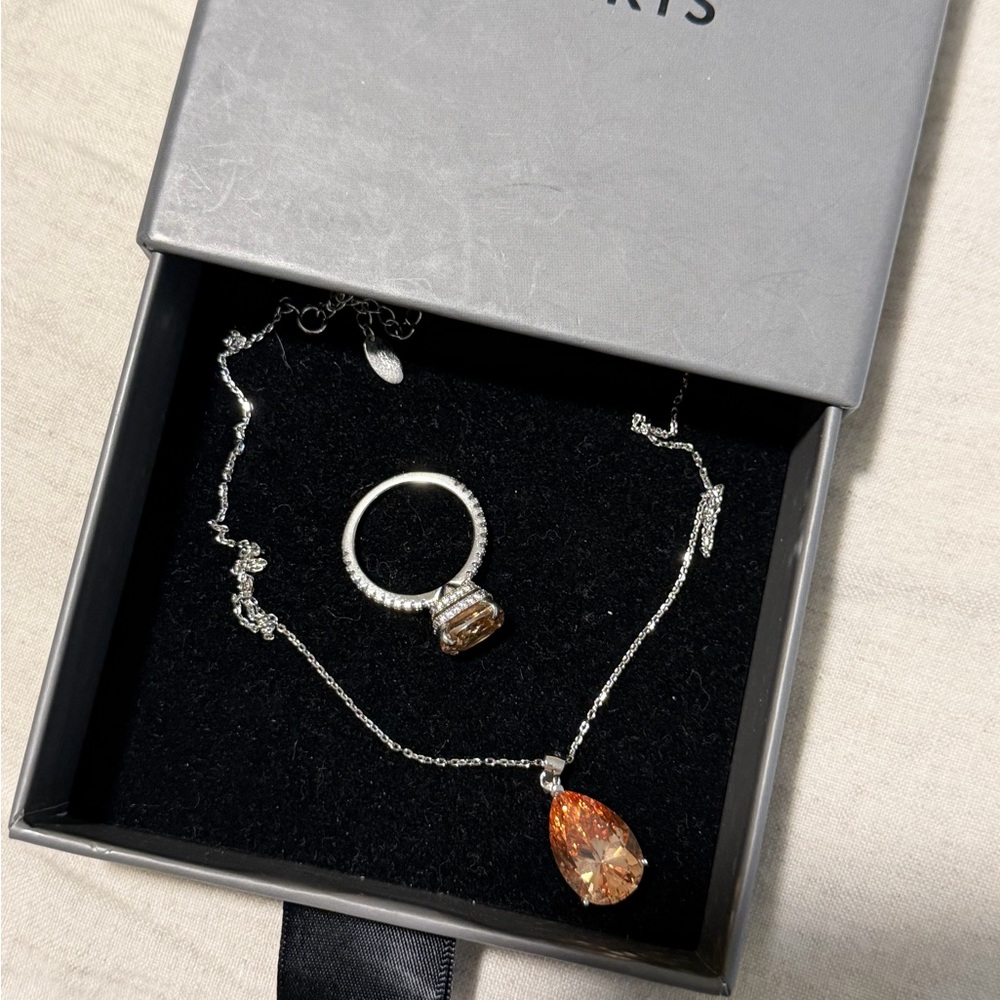 Silver Ring and Necklace Set with Orange Gemstone